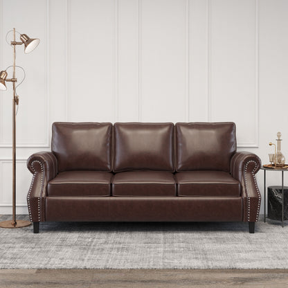 Roomfitters 3 Seater Classic Faux Leather Sofa with Rolled Arms and Nailhead Trim for Living Room or Study
