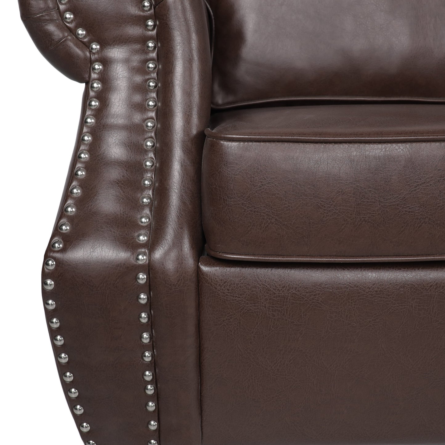 Roomfitters 3 Seater Classic Faux Leather Sofa with Rolled Arms and Nailhead Trim for Living Room or Study