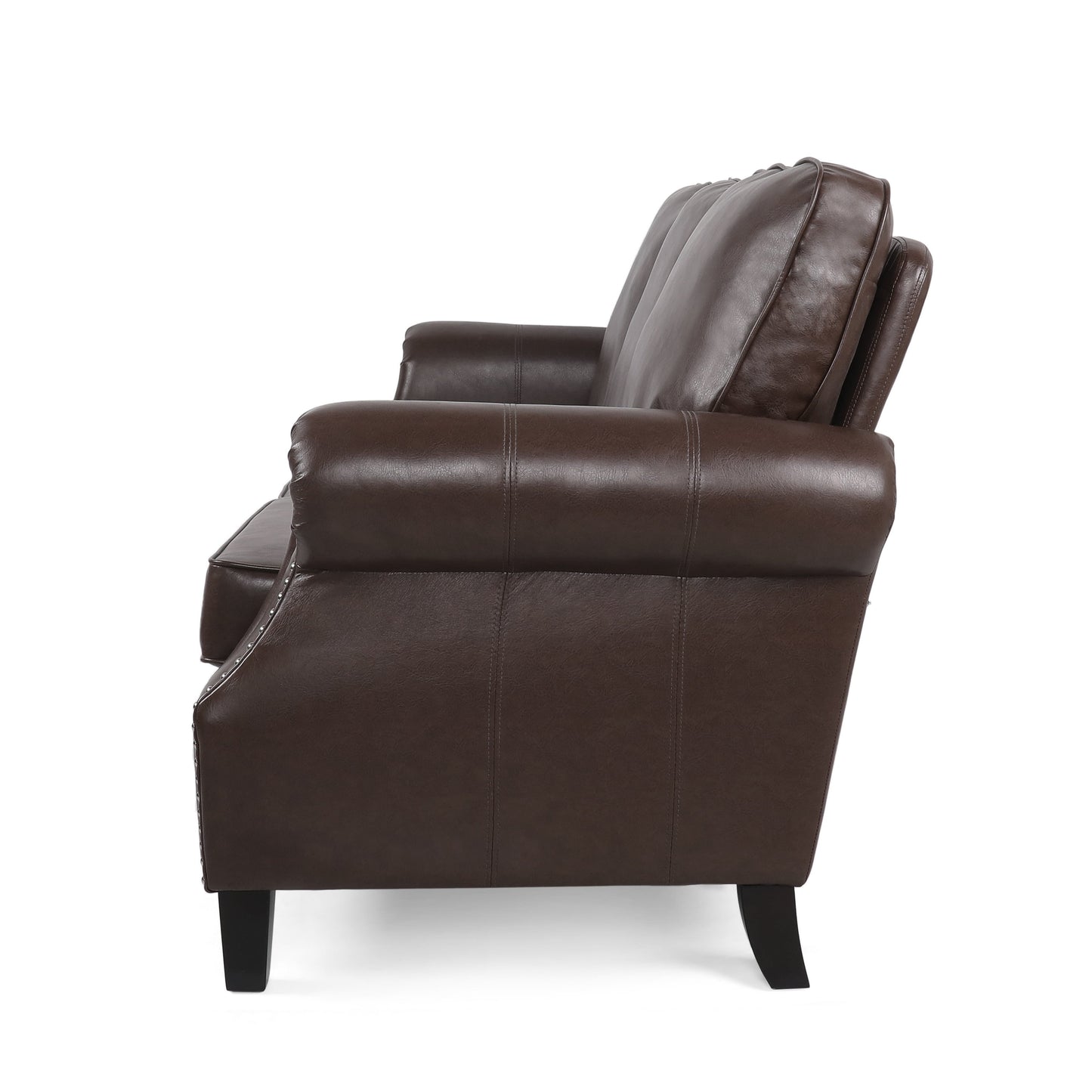 Roomfitters 3 Seater Classic Faux Leather Sofa with Rolled Arms and Nailhead Trim for Living Room or Study