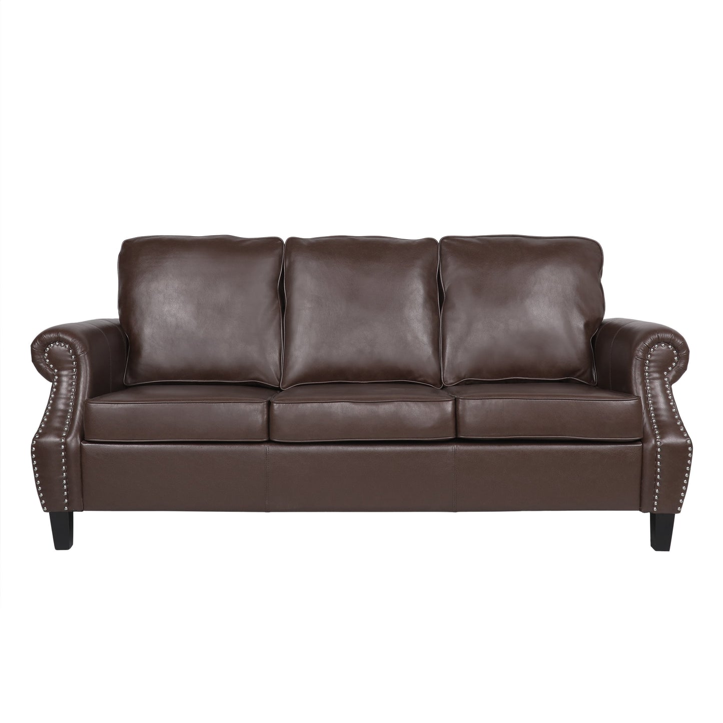 Roomfitters 3 Seater Classic Faux Leather Sofa with Rolled Arms and Nailhead Trim for Living Room or Study