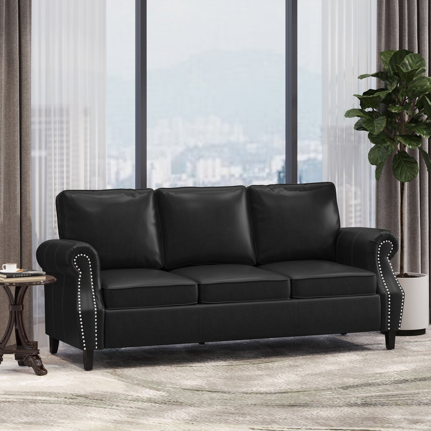 Roomfitters 3 Seater Classic Faux Leather Sofa with Rolled Arms and Nailhead Trim for Living Room or Study