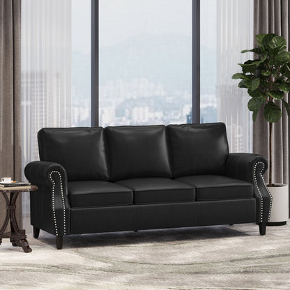 Roomfitters 3 Seater Classic Faux Leather Sofa with Rolled Arms and Nailhead Trim for Living Room or Study