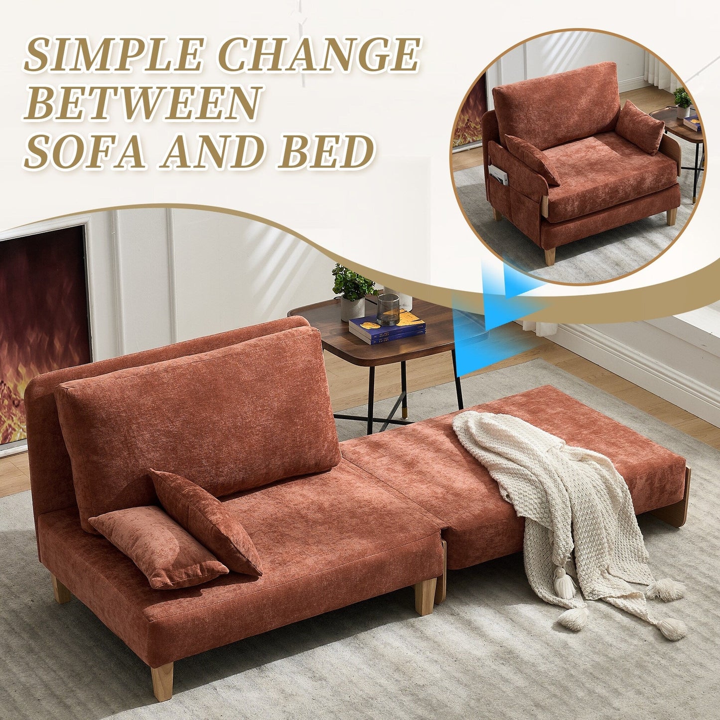 Roomfitters 3-in-1 Foldable Sofa Bed Recliner, Convertible Sleeper with Pillows for Small Spaces, Bedroom or Study