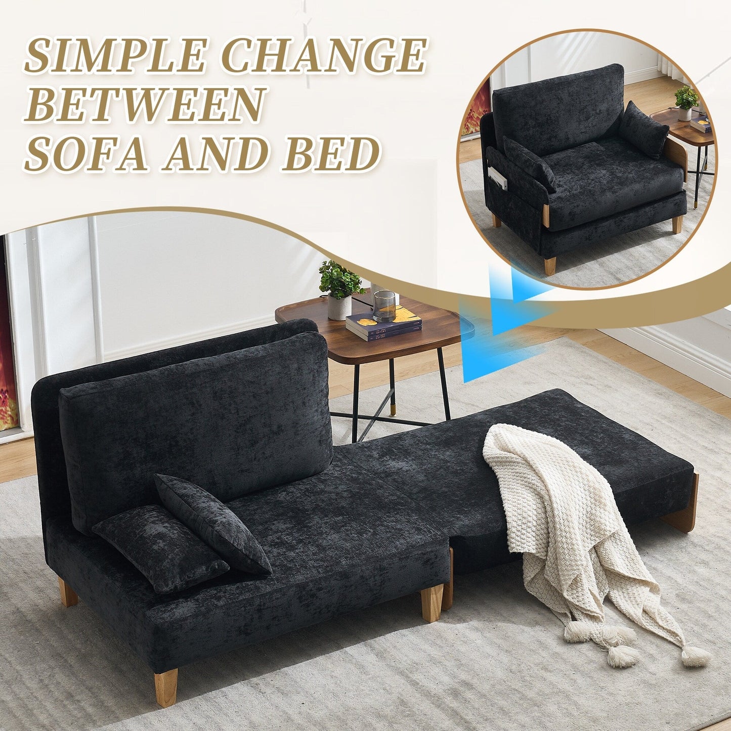 Roomfitters 3-in-1 Foldable Sofa Bed Recliner, Convertible Sleeper with Pillows for Small Spaces, Bedroom or Study