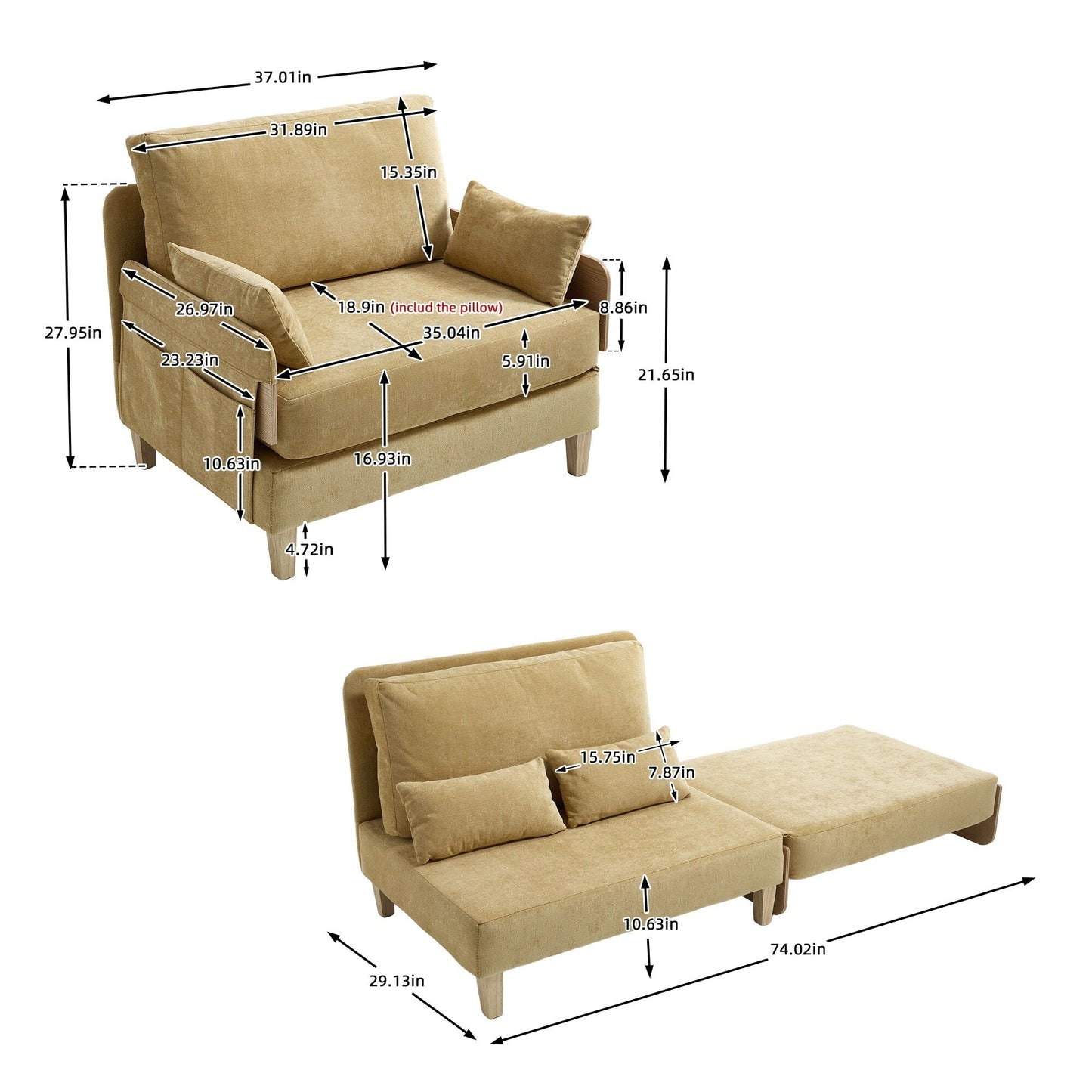 Roomfitters 3-in-1 Foldable Sofa Bed Recliner, Convertible Sleeper with Pillows for Small Spaces, Bedroom or Study