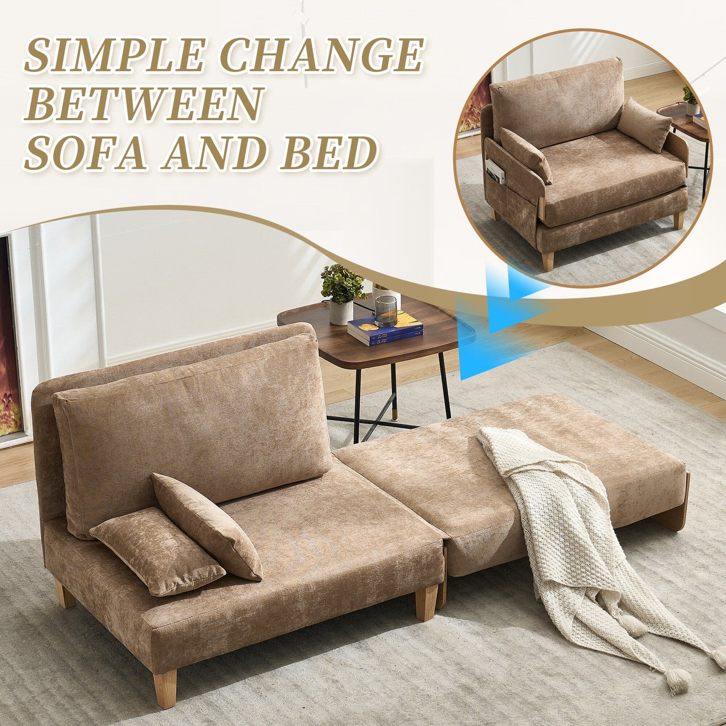 Roomfitters 3-in-1 Foldable Sofa Bed Recliner, Convertible Sleeper with Pillows for Small Spaces, Bedroom or Study