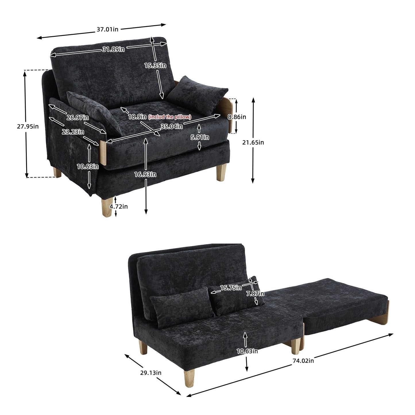 Roomfitters 3-in-1 Foldable Sofa Bed Recliner, Convertible Sleeper with Pillows for Small Spaces, Bedroom or Study