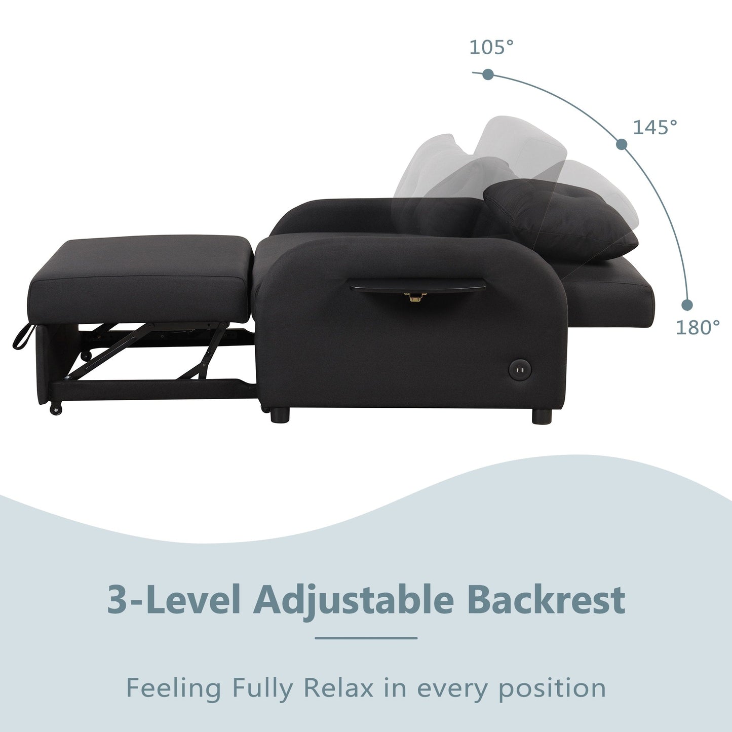 Roomfitters 3-in-1 Pull-Out Sofa Sleeper with 2-Wing Table USB Charging Port for Living Room Recreation Room
