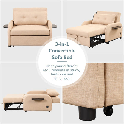 Roomfitters 3-in-1 Pull-Out Sofa Sleeper with 2-Wing Table USB Charging Port for Living Room Recreation Room