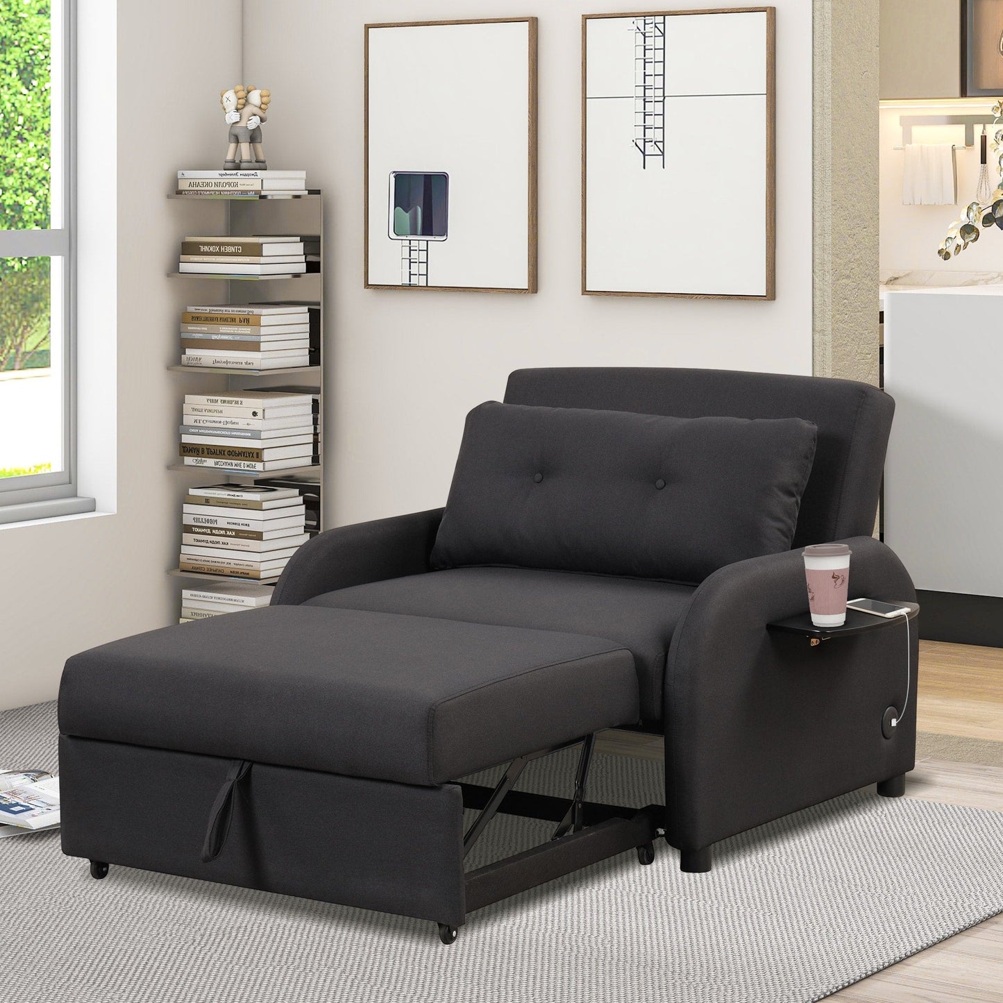 Roomfitters 3-in-1 Pull-Out Sofa Sleeper with 2-Wing Table USB Charging Port for Living Room Recreation Room