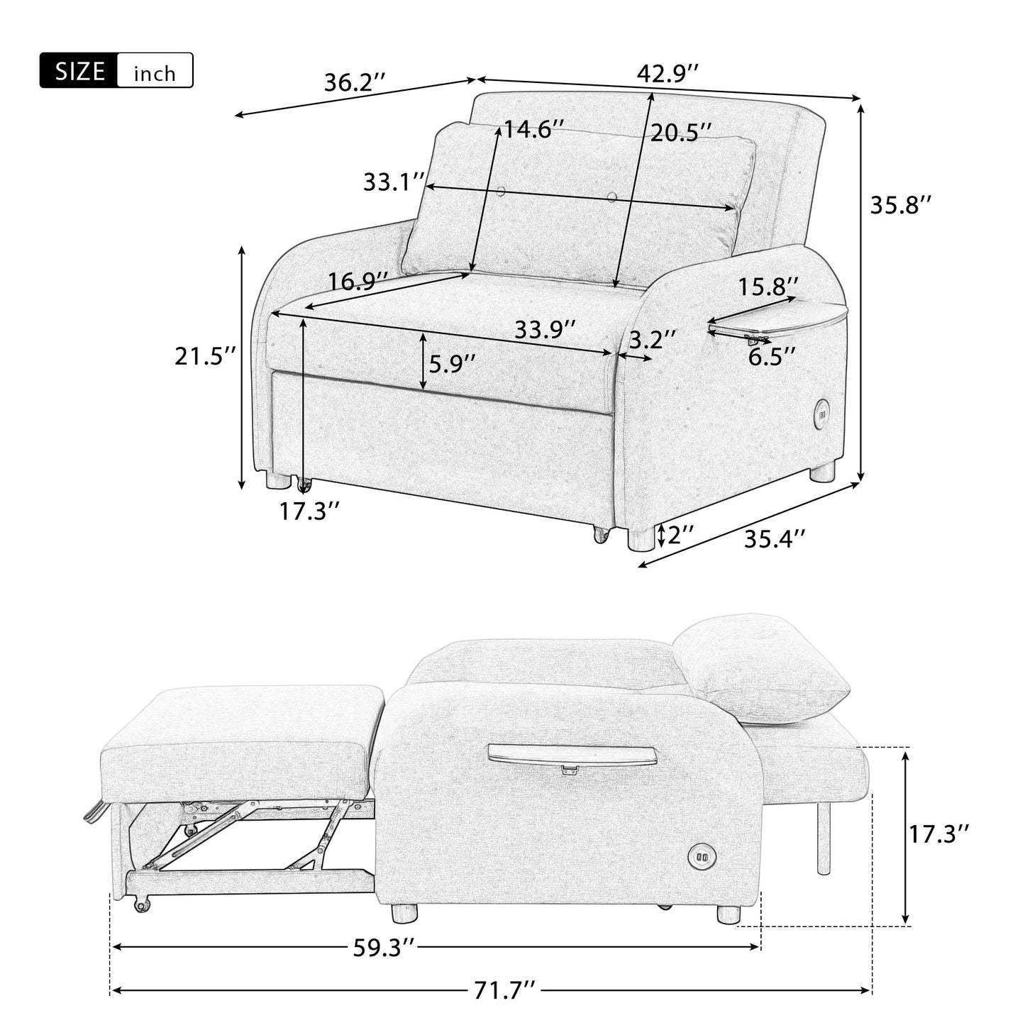 Roomfitters 3-in-1 Pull-Out Sofa Sleeper with 2-Wing Table USB Charging Port for Living Room Recreation Room