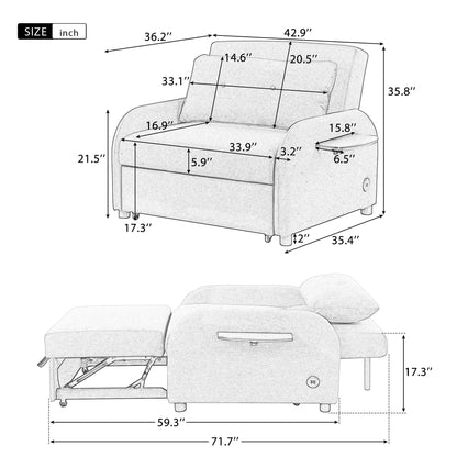 Roomfitters 3-in-1 Pull-Out Sofa Sleeper with 2-Wing Table USB Charging Port for Living Room Recreation Room