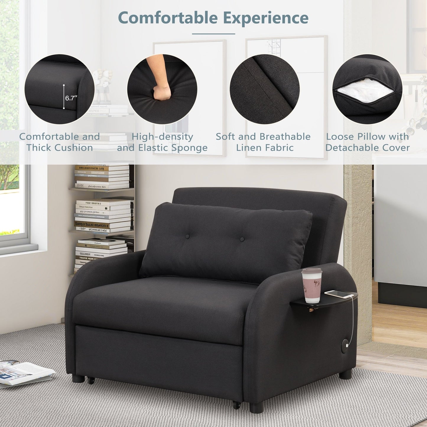 Roomfitters 3-in-1 Pull-Out Sofa Sleeper with 2-Wing Table USB Charging Port for Living Room Recreation Room