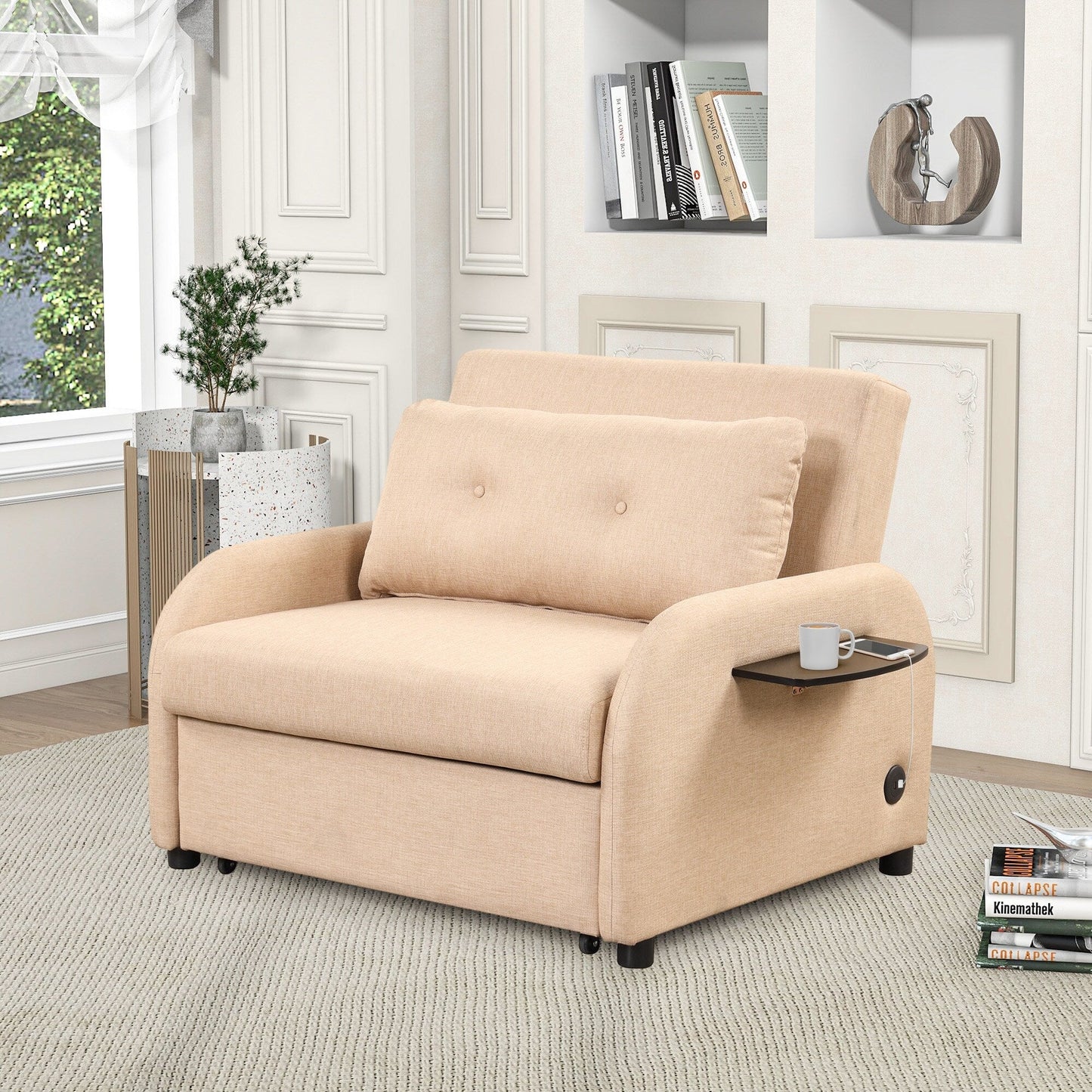 Roomfitters 3-in-1 Pull-Out Sofa Sleeper with 2-Wing Table USB Charging Port for Living Room Recreation Room