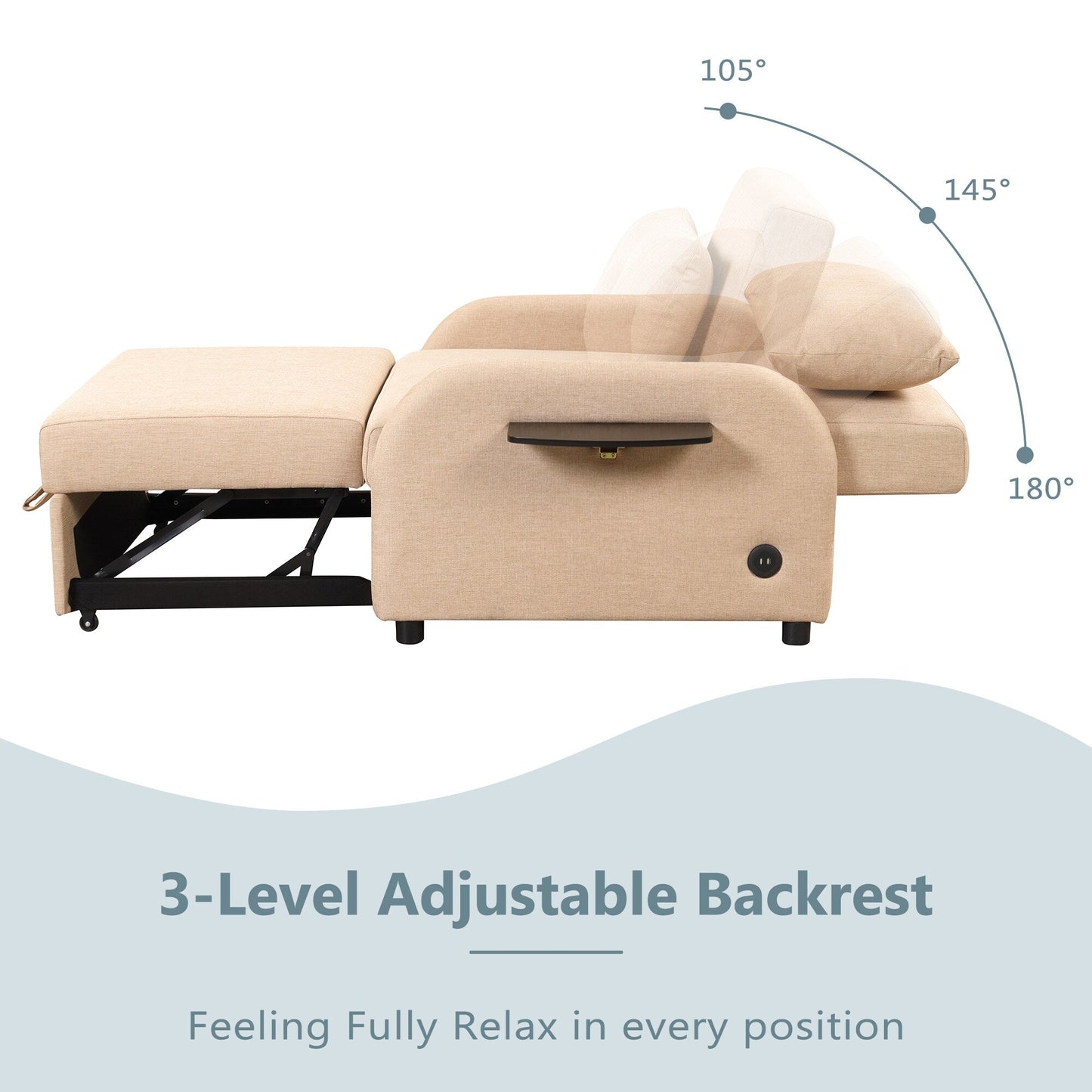 Roomfitters 3-in-1 Pull-Out Sofa Sleeper with 2-Wing Table USB Charging Port for Living Room Recreation Room