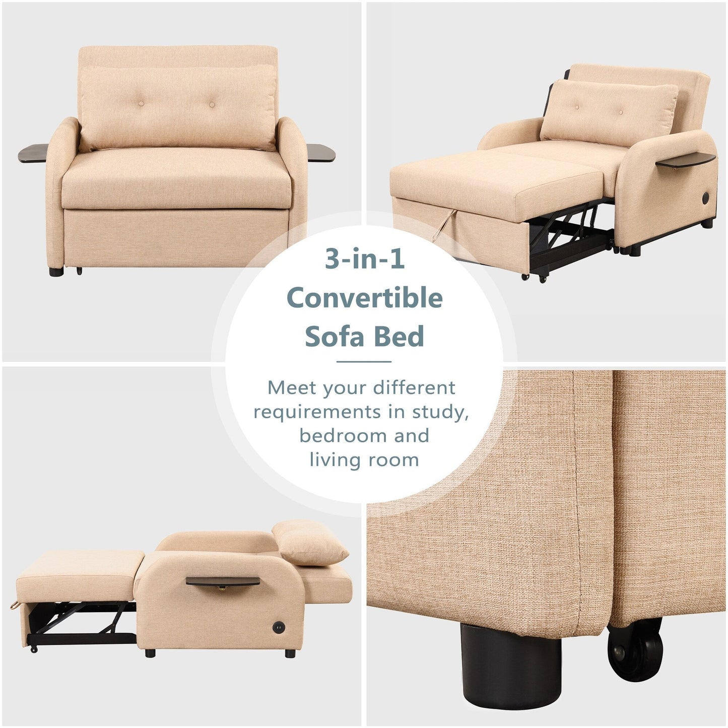 Roomfitters 3-in-1 Pull-Out Sofa Sleeper with Wing Tables, USB Charging, and Nap-Friendly Fabric for Living Room
