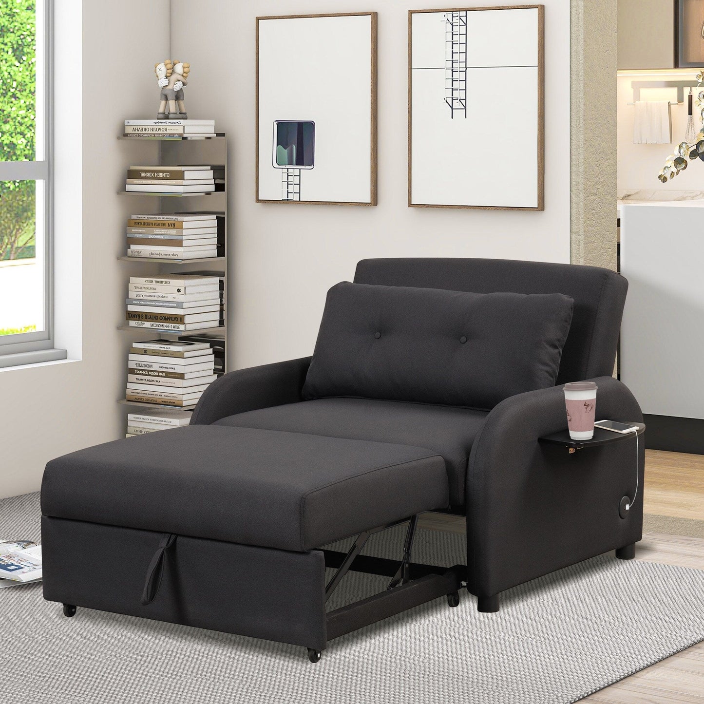 Roomfitters 3-in-1 Pull-Out Sofa Sleeper with Wing Tables, USB Charging, and Nap-Friendly Fabric for Living Room