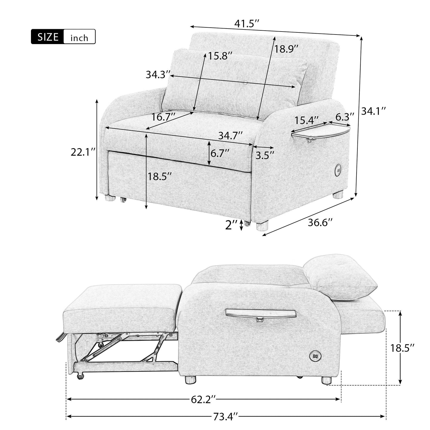 Roomfitters 3-in-1 Pull-Out Sofa Sleeper with Wing Tables, USB Charging, and Nap-Friendly Fabric for Living Room