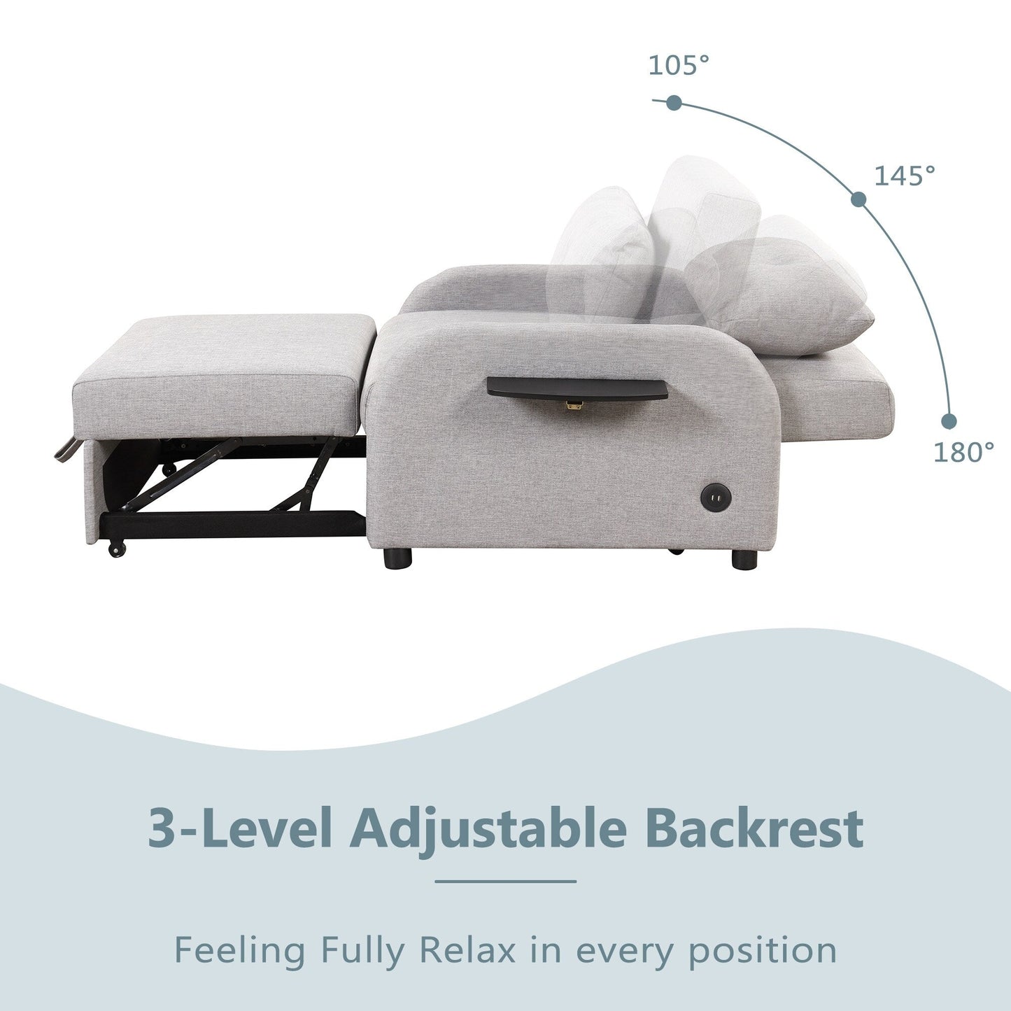 Roomfitters 3-in-1 Pull-Out Sofa Sleeper with Wing Tables, USB Charging, and Nap-Friendly Fabric for Living Room