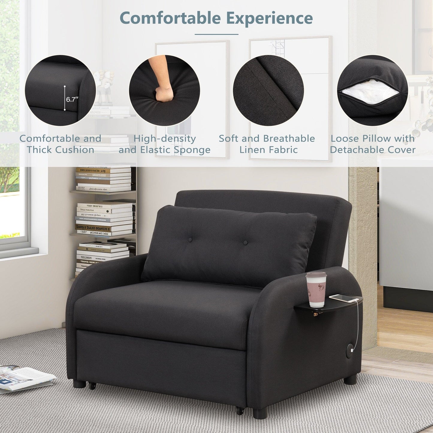 Roomfitters 3-in-1 Pull-Out Sofa Sleeper with Wing Tables, USB Charging, and Nap-Friendly Fabric for Living Room