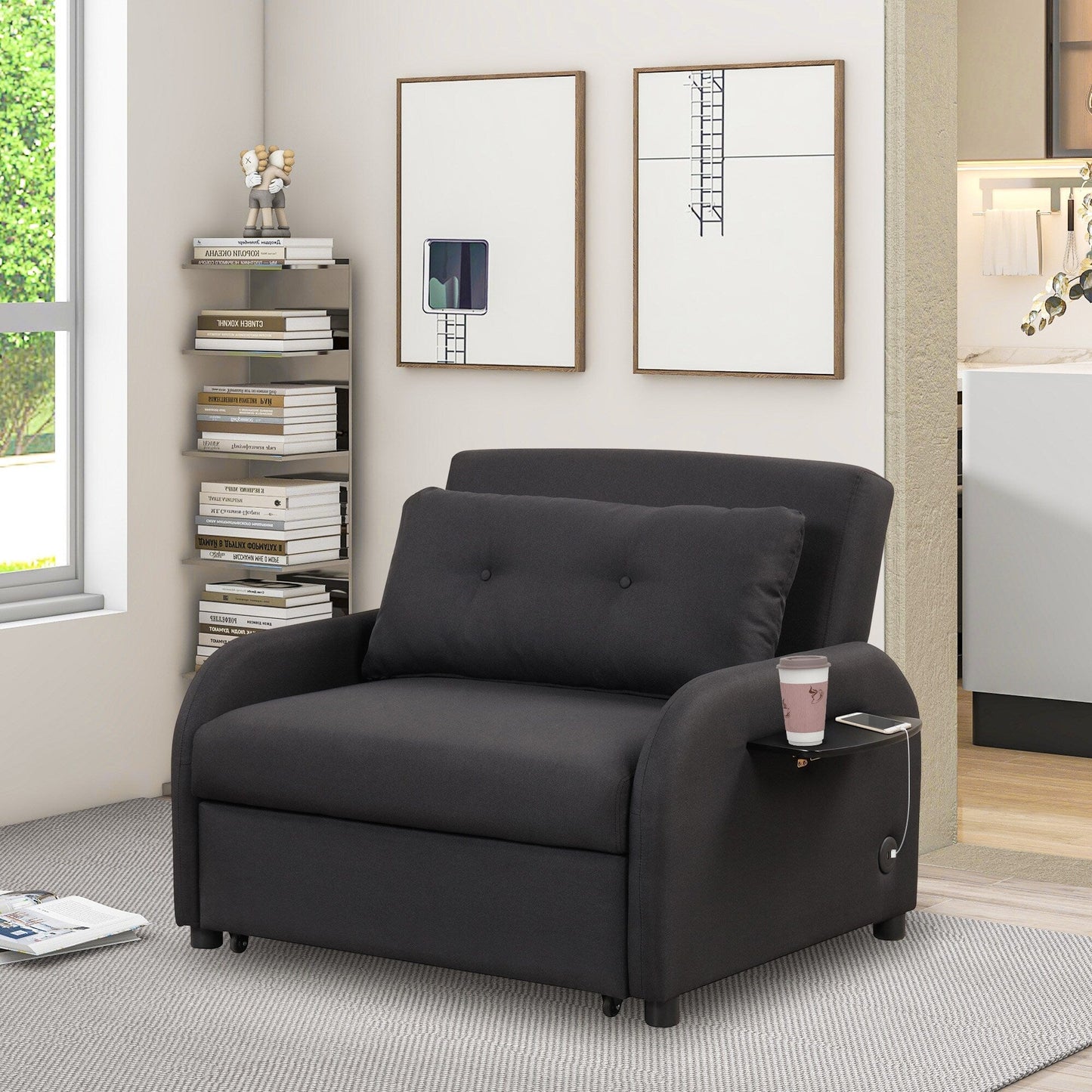 Roomfitters 3-in-1 Pull-Out Sofa Sleeper with Wing Tables, USB Charging, and Nap-Friendly Fabric for Living Room