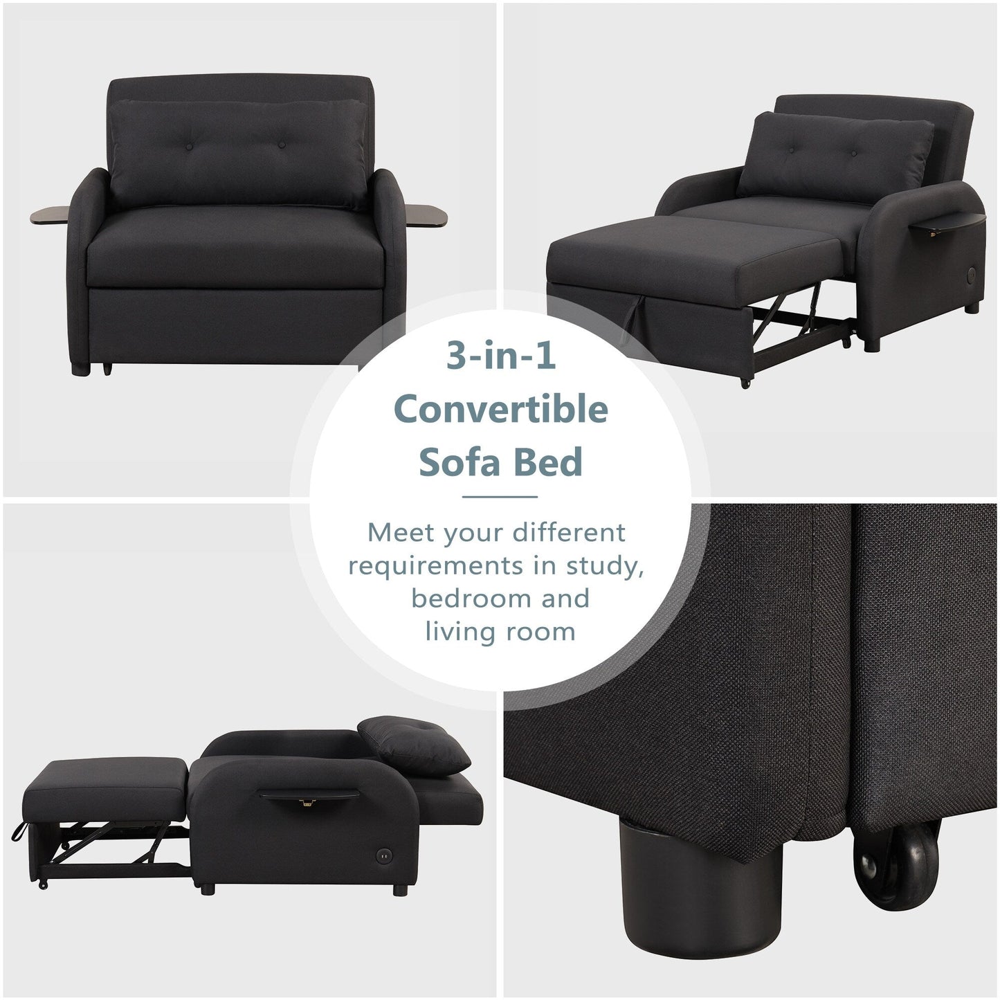 Roomfitters 3-in-1 Pull-Out Sofa Sleeper with Wing Tables, USB Charging, and Nap-Friendly Fabric for Living Room