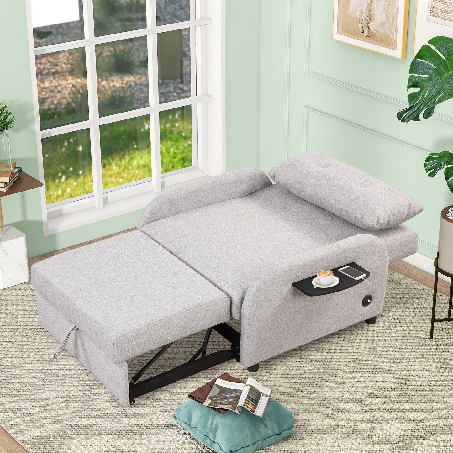 Roomfitters 3-in-1 Pull-Out Sofa Sleeper with Wing Tables, USB Charging, and Nap-Friendly Fabric for Living Room