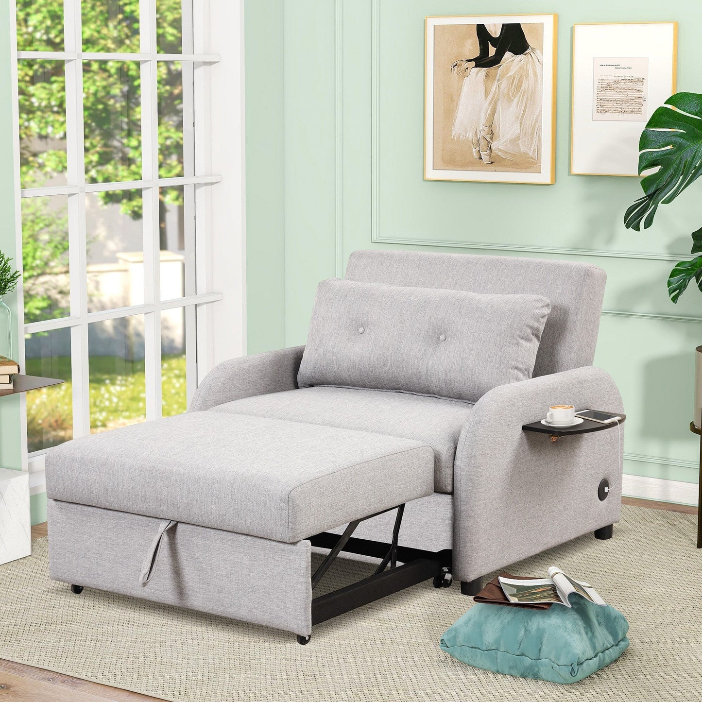 Roomfitters 3-in-1 Pull-Out Sofa Sleeper with Wing Tables, USB Charging, and Nap-Friendly Fabric for Living Room