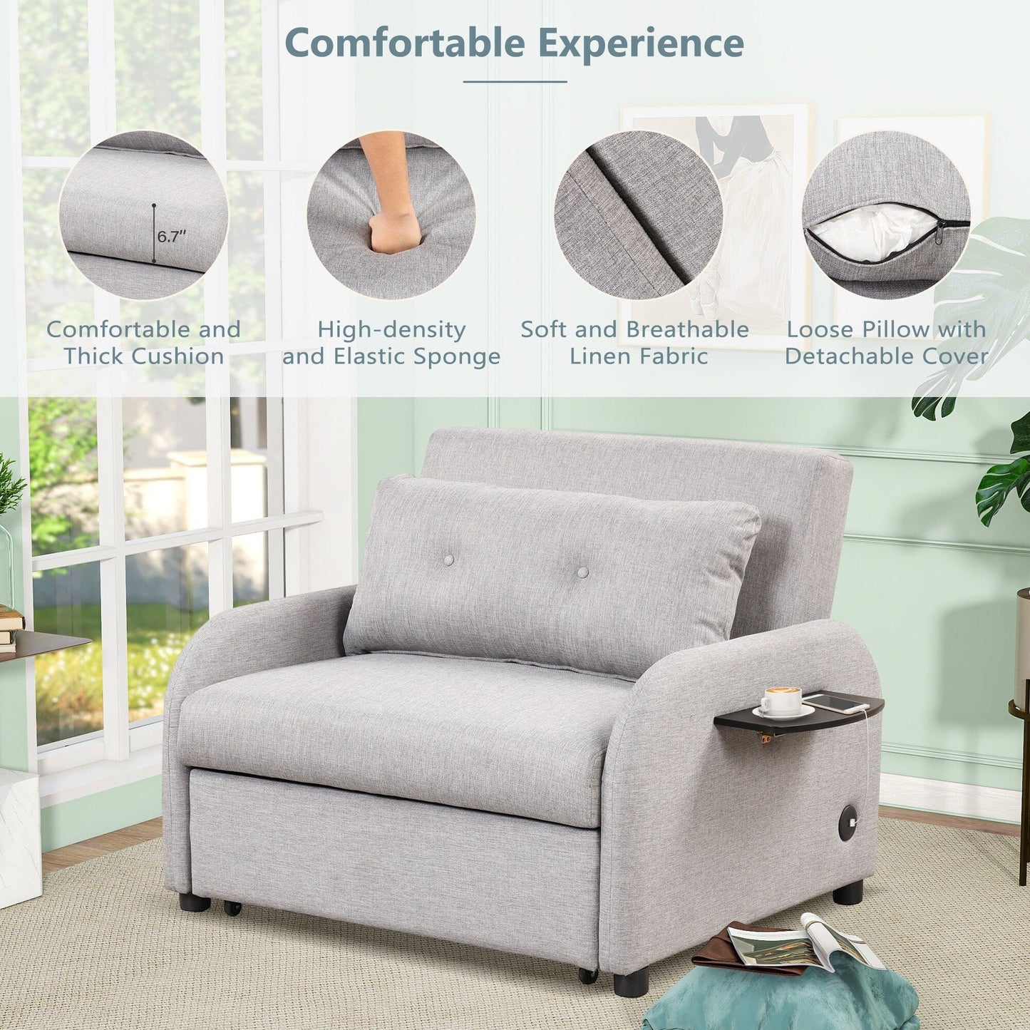 Roomfitters 3-in-1 Pull-Out Sofa Sleeper with Wing Tables, USB Charging, and Nap-Friendly Fabric for Living Room