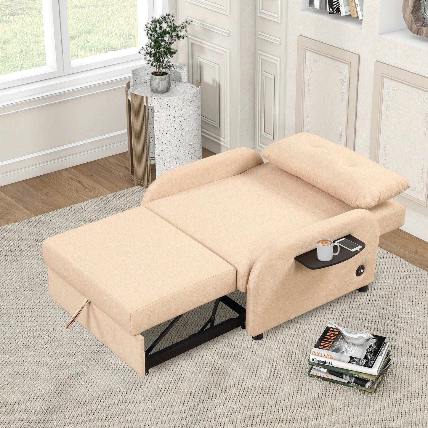 Roomfitters 3-in-1 Pull-Out Sofa Sleeper with Wing Tables, USB Charging, and Nap-Friendly Fabric for Living Room