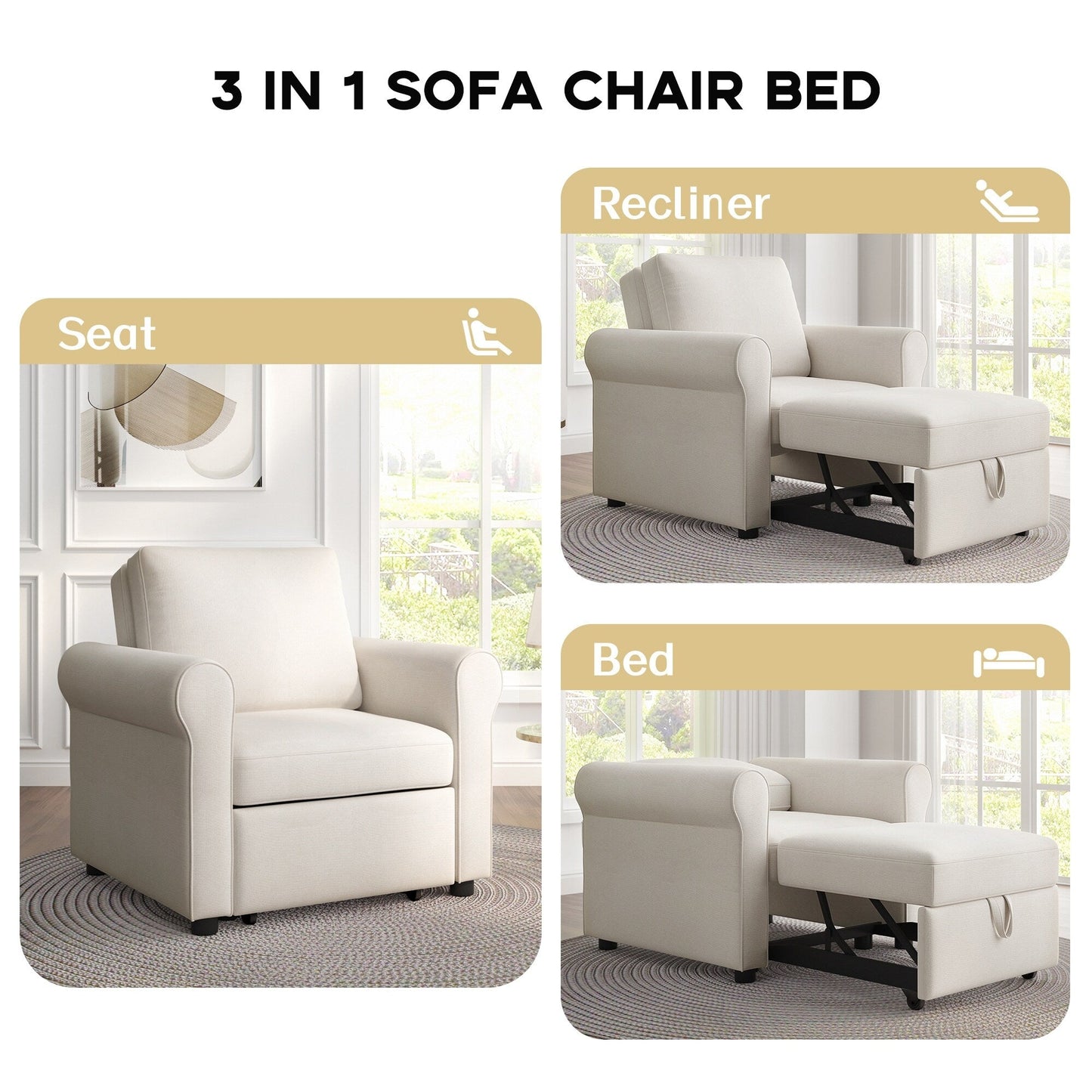 Roomfitters 3-in-1 Sofa Bed Chair, Convertible Sleeper Chair Bed, Adjustable Backrest Into Sofa, Lounger Chair
