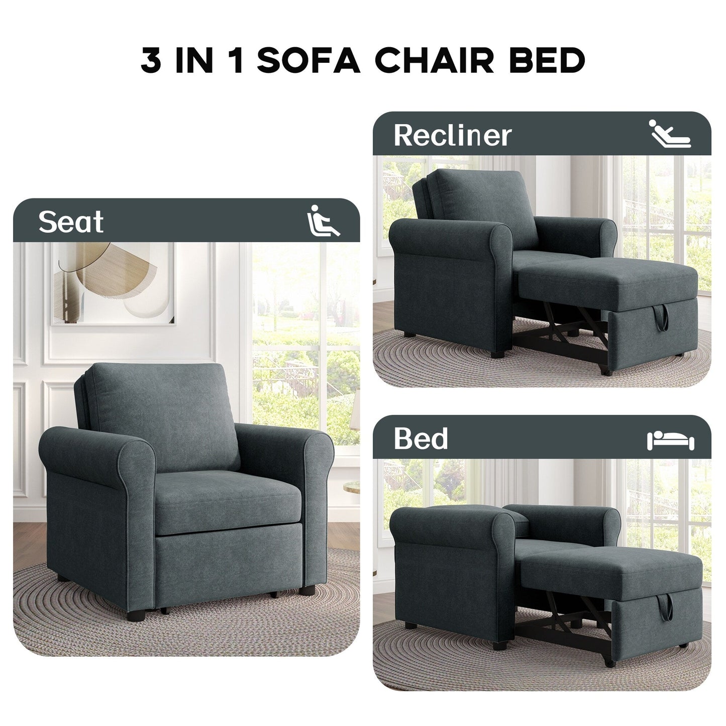 Roomfitters 3-in-1 Sofa Bed Chair, Convertible Sleeper Chair Bed, Adjustable Backrest Into Sofa, Lounger Chair