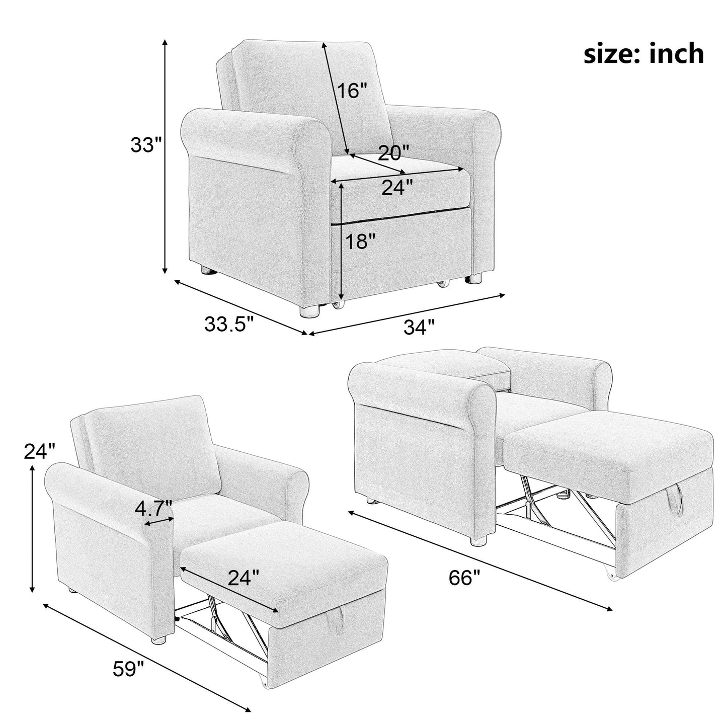 Roomfitters 3-in-1 Sofa Bed Chair, Convertible Sleeper Chair Bed, Adjustable Backrest Into Sofa, Lounger Chair