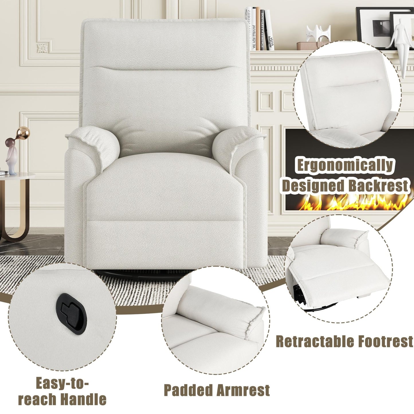 Roomfitters 360Â° Swivel Upholstered Manual Recliner Chair, Versatile Theater Recliner Sofa and Nursery Glider Rocker
