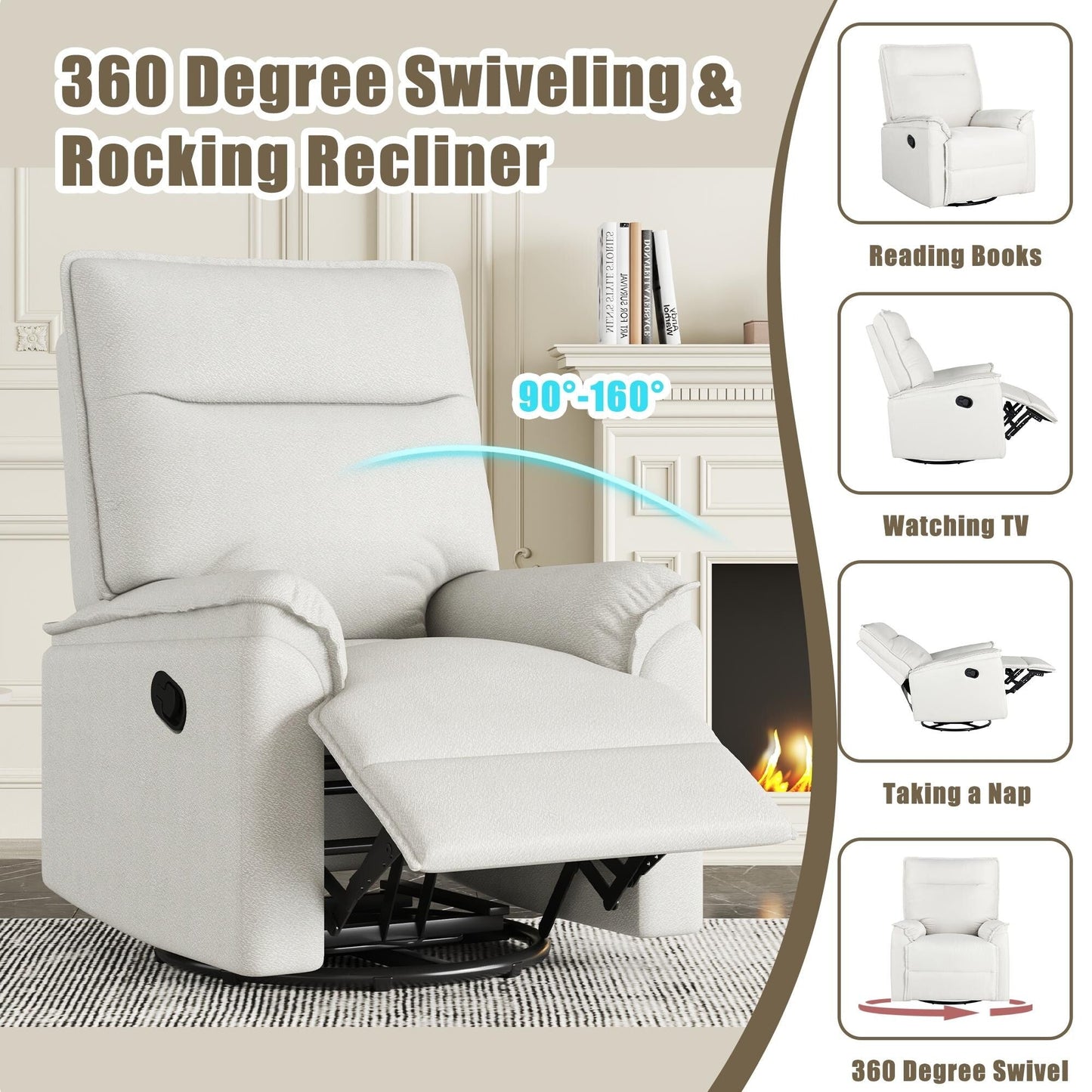 Roomfitters 360Â° Swivel Upholstered Manual Recliner Chair, Versatile Theater Recliner Sofa and Nursery Glider Rocker