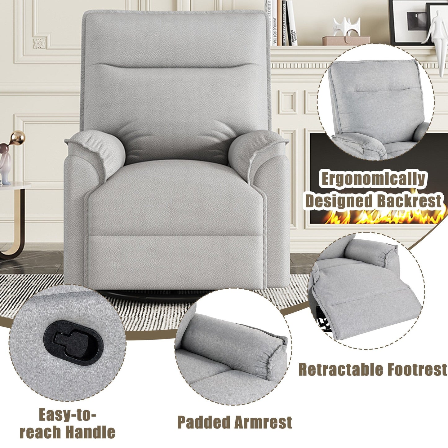 Roomfitters 360Â° Swivel Upholstered Manual Recliner Chair, Versatile Theater Recliner Sofa and Nursery Glider Rocker