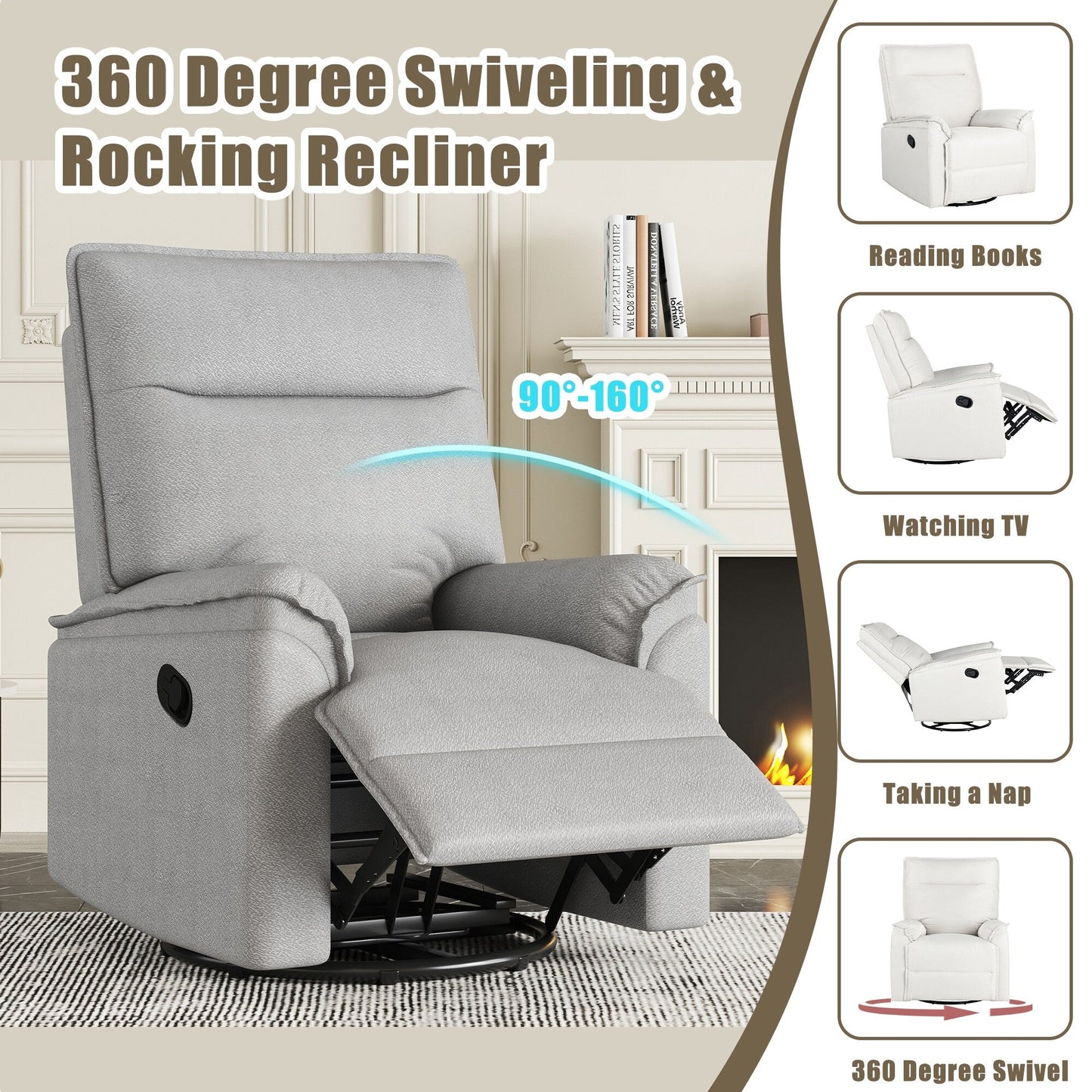 Roomfitters 360Â° Swivel Upholstered Manual Recliner Chair, Versatile Theater Recliner Sofa and Nursery Glider Rocker