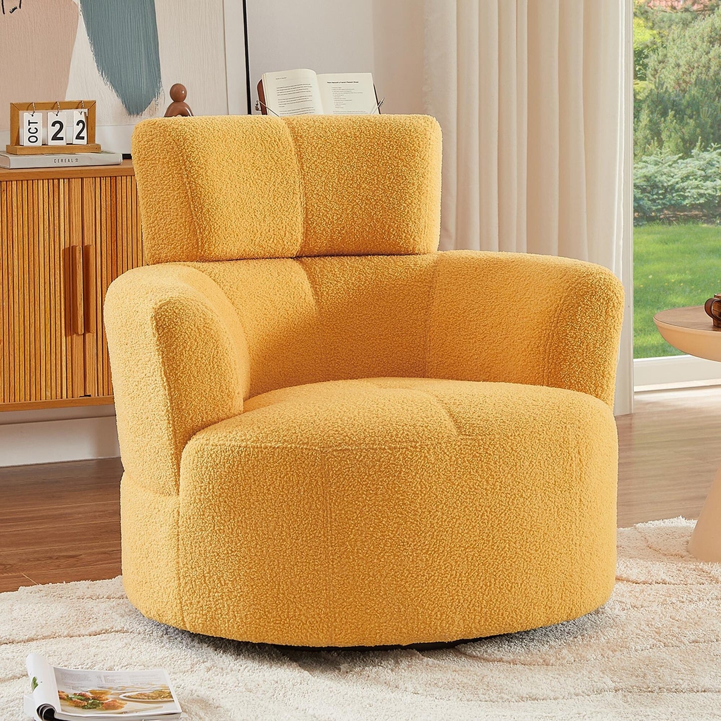 Roomfitters 360Â° Upholstered Swivel Barrel Accent Chair with Adjustable Headrest for Living Room