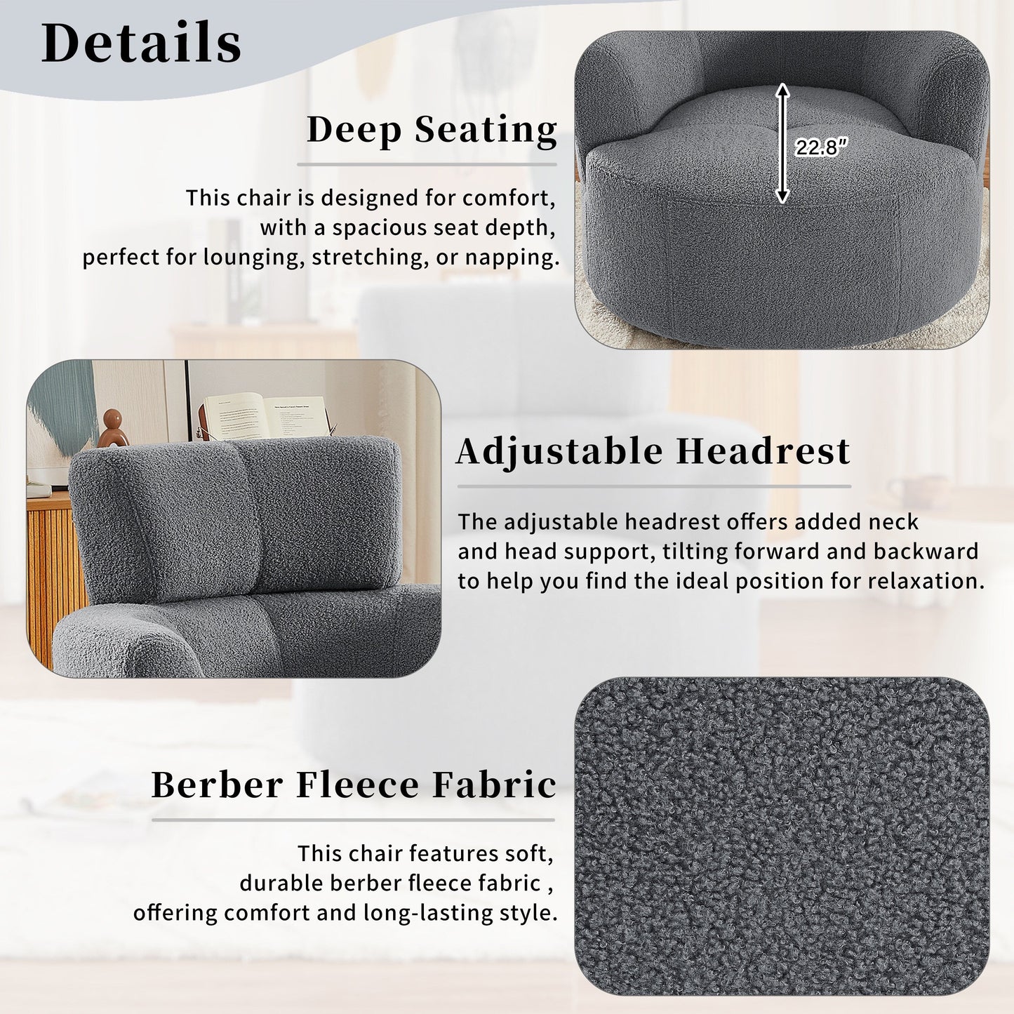 Roomfitters 360Â° Upholstered Swivel Barrel Accent Chair with Adjustable Headrest for Living Room