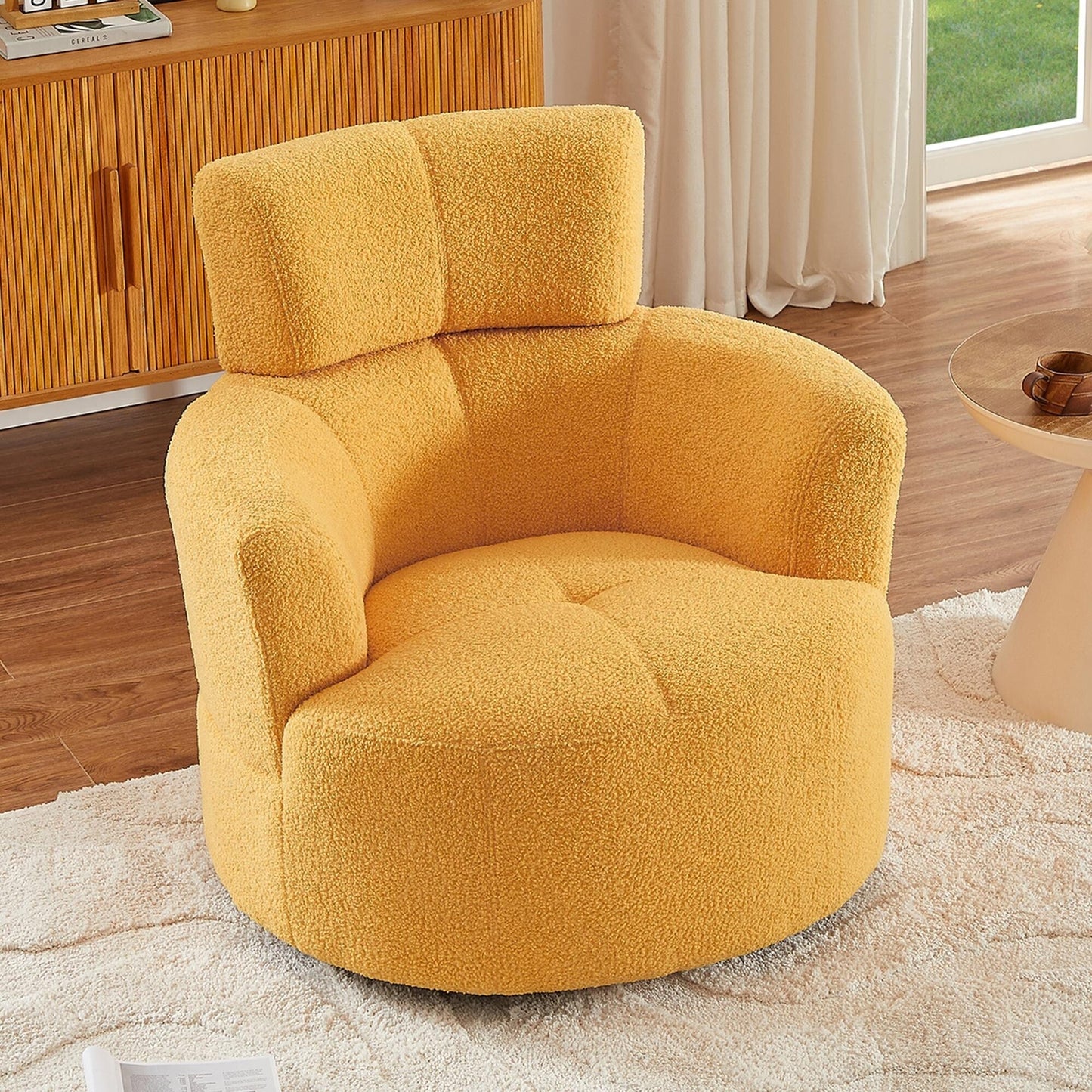 Roomfitters 360Â° Upholstered Swivel Barrel Accent Chair with Adjustable Headrest for Living Room