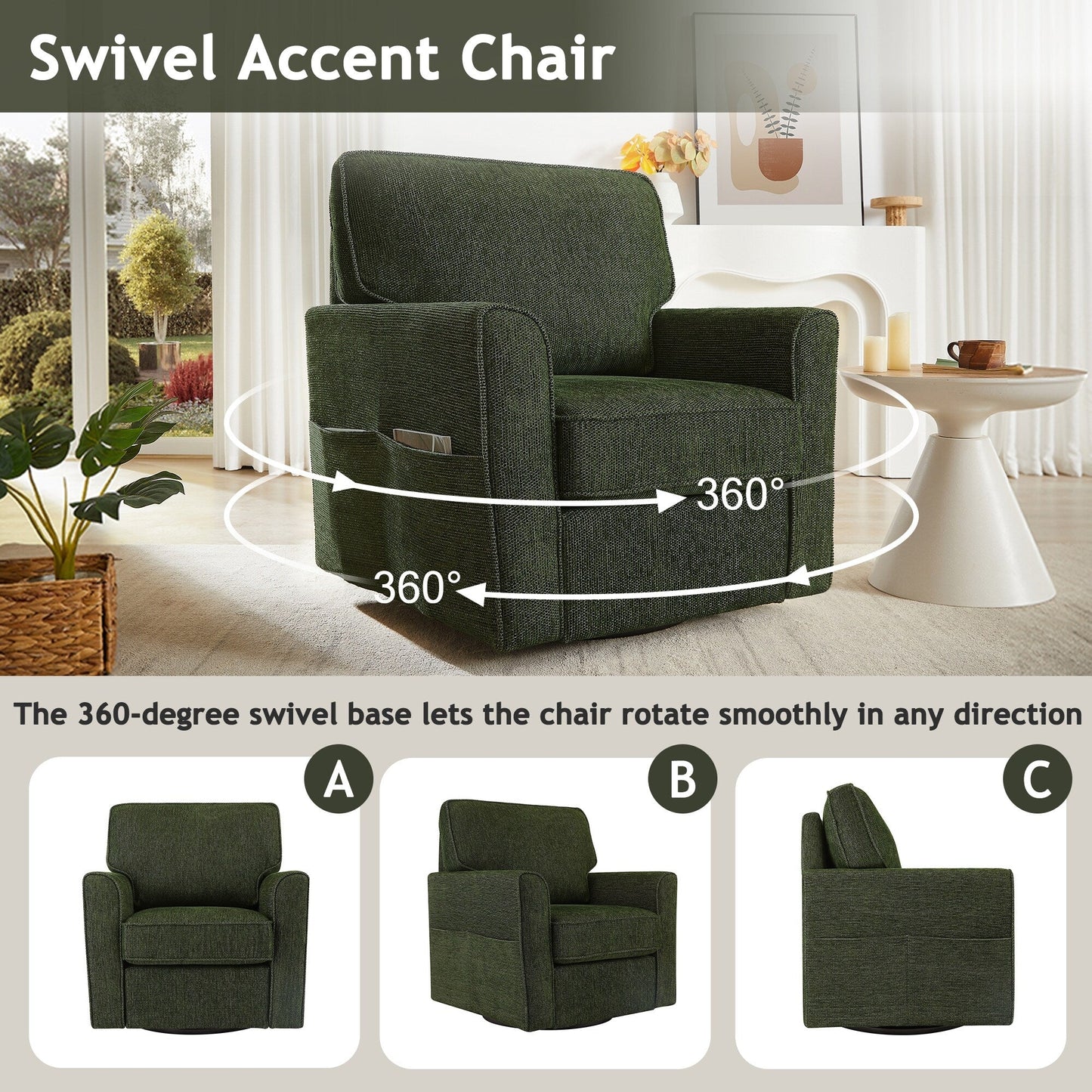Roomfitters 360Â° Upholstered Swivel Barrel Armchair Accent Chair with Side Pockets for Living Room Bedroom Office Hotel
