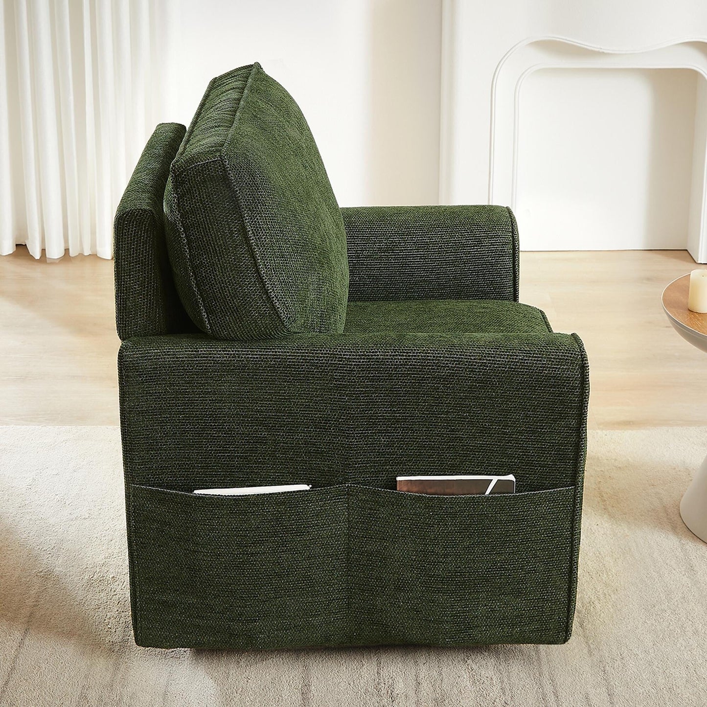 Roomfitters 360Â° Upholstered Swivel Barrel Armchair Accent Chair with Side Pockets for Living Room Bedroom Office Hotel