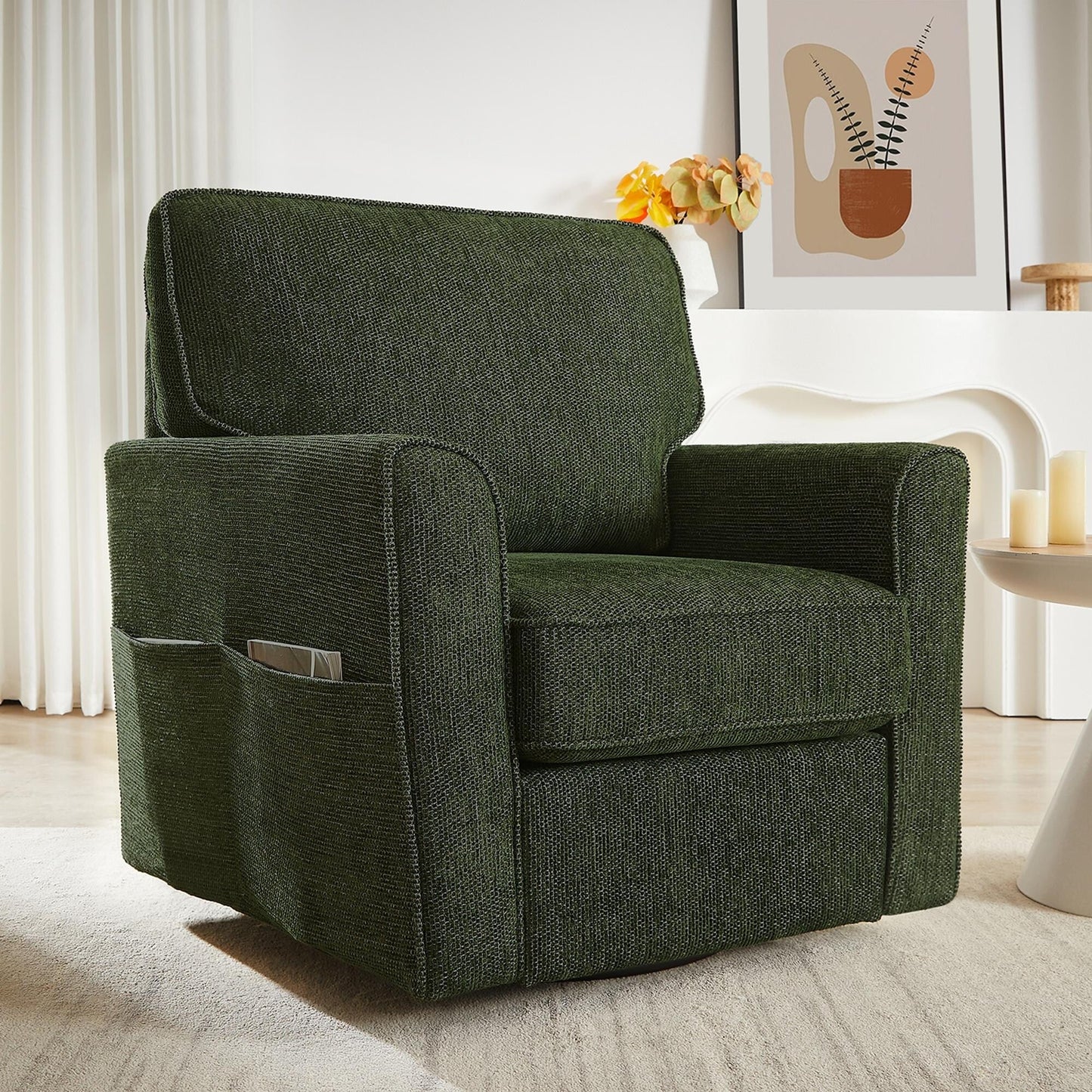 Roomfitters 360Â° Upholstered Swivel Barrel Armchair Accent Chair with Side Pockets for Living Room Bedroom Office Hotel