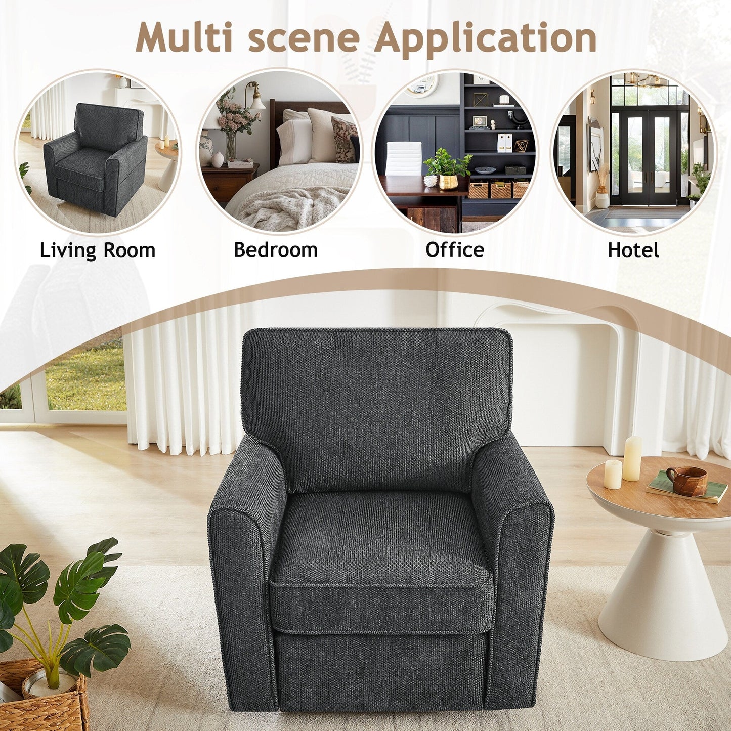 Roomfitters 360Â° Upholstered Swivel Barrel Armchair Accent Chair with Side Pockets for Living Room Bedroom Office Hotel