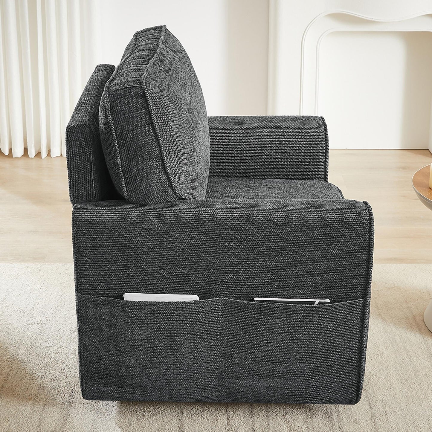 Roomfitters 360Â° Upholstered Swivel Barrel Armchair Accent Chair with Side Pockets for Living Room Bedroom Office Hotel