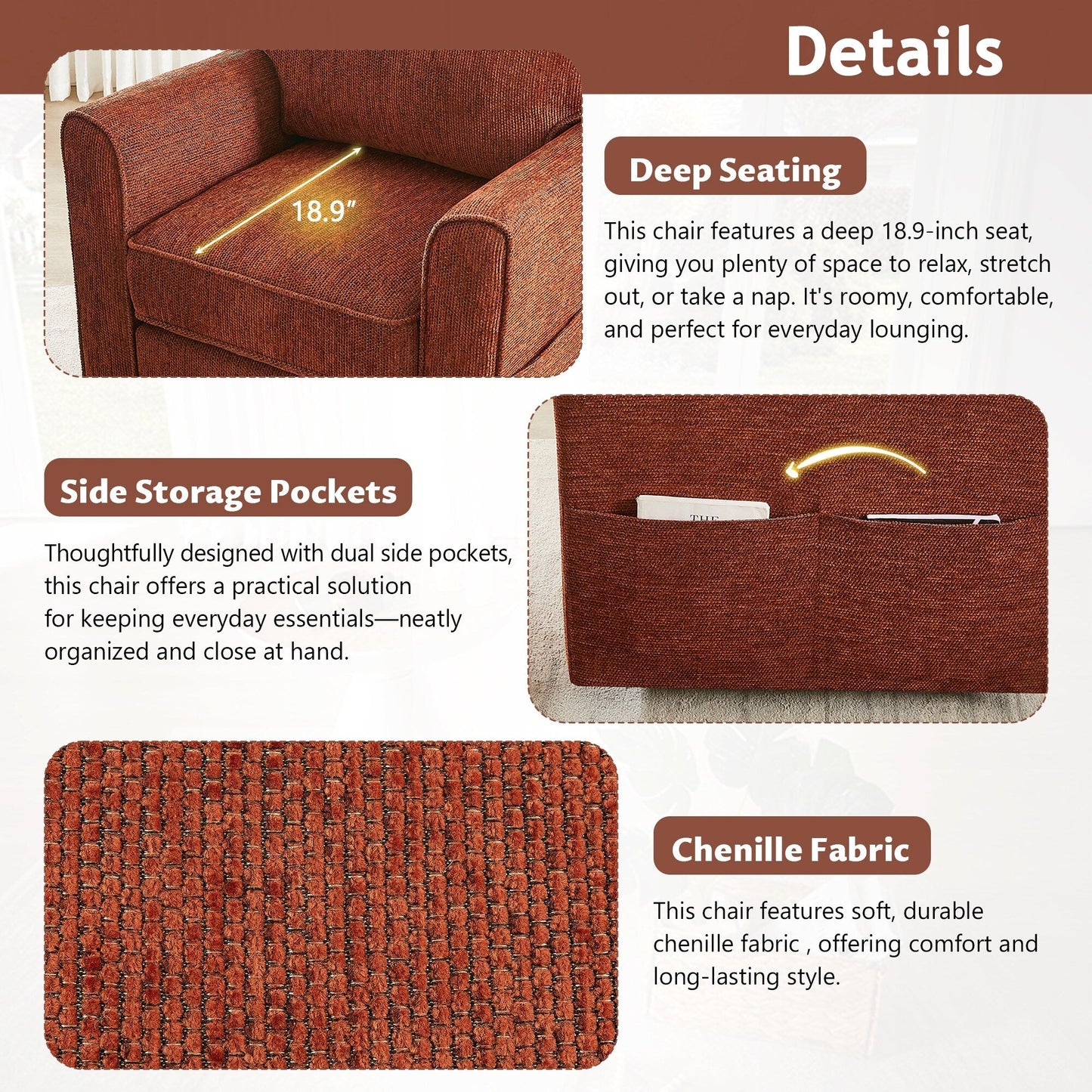 Roomfitters 360Â° Upholstered Swivel Barrel Armchair Accent Chair with Side Pockets for Living Room Bedroom Office Hotel