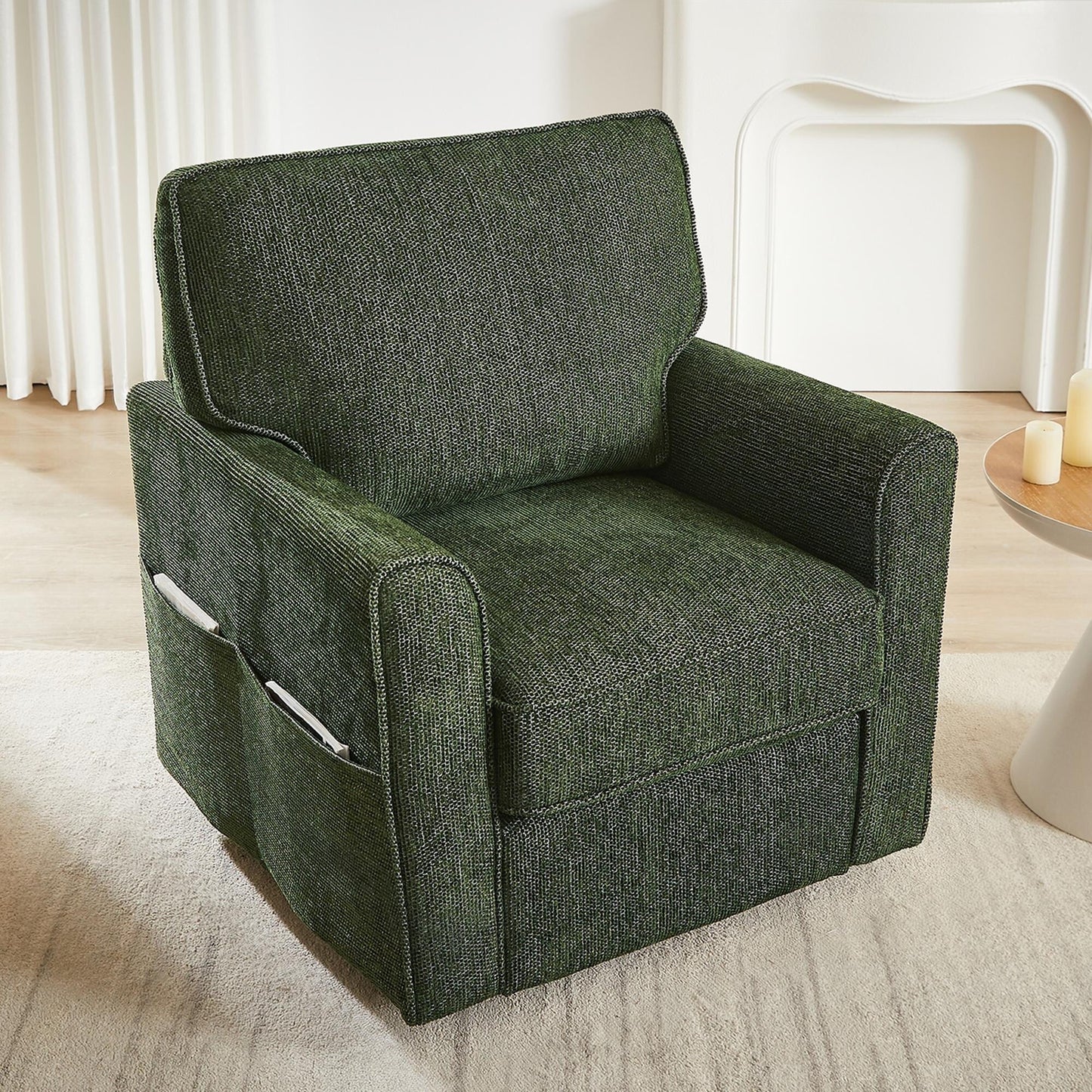 Roomfitters 360Â° Upholstered Swivel Barrel Armchair Accent Chair with Side Pockets for Living Room Bedroom Office Hotel