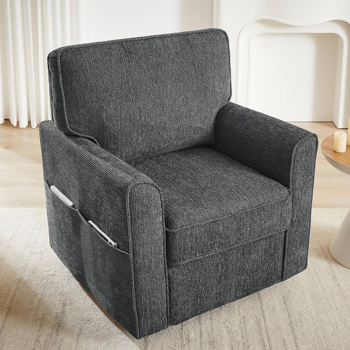 Roomfitters 360Â° Upholstered Swivel Barrel Armchair Accent Chair with Side Pockets for Living Room Bedroom Office Hotel