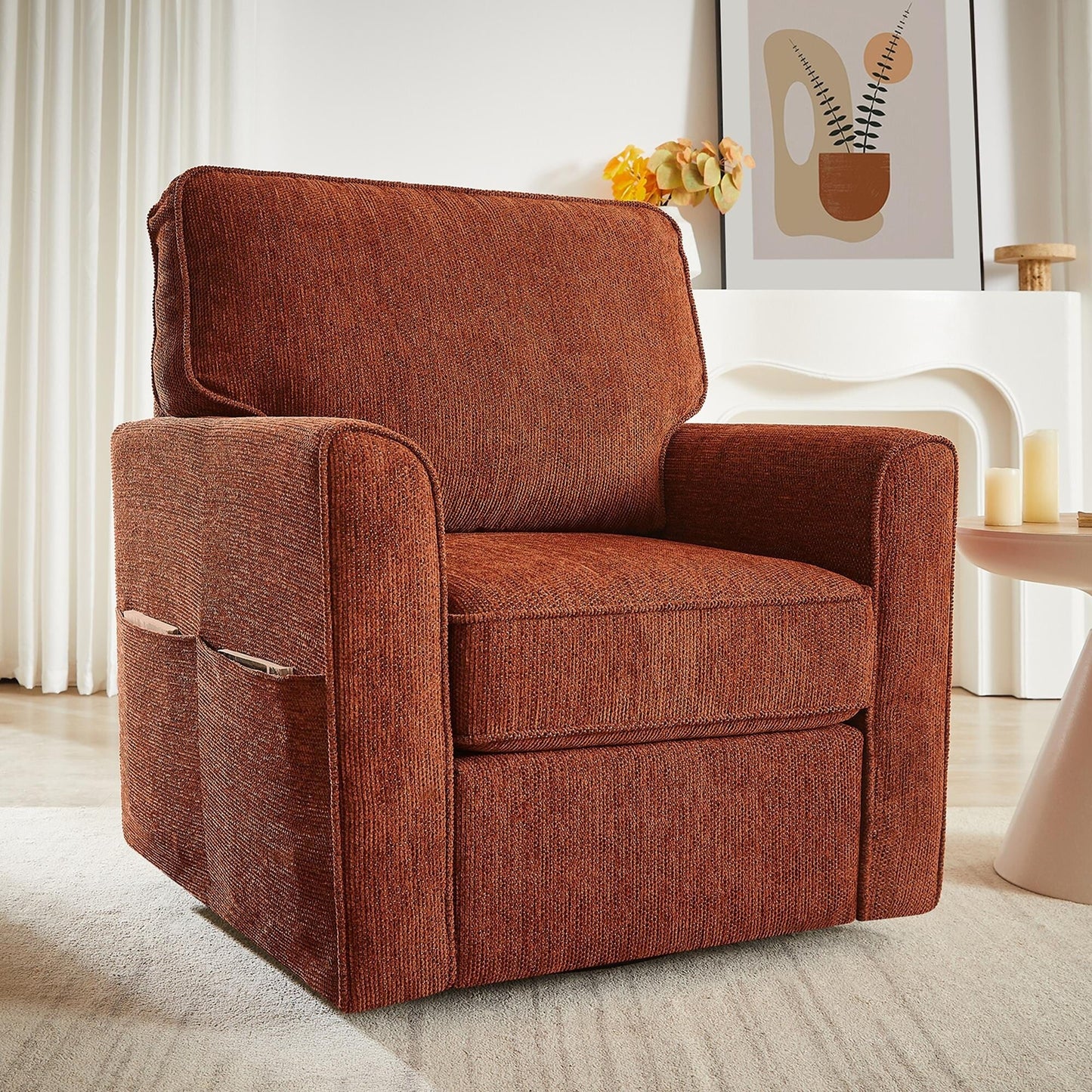 Roomfitters 360Â° Upholstered Swivel Barrel Armchair Accent Chair with Side Pockets for Living Room Bedroom Office Hotel