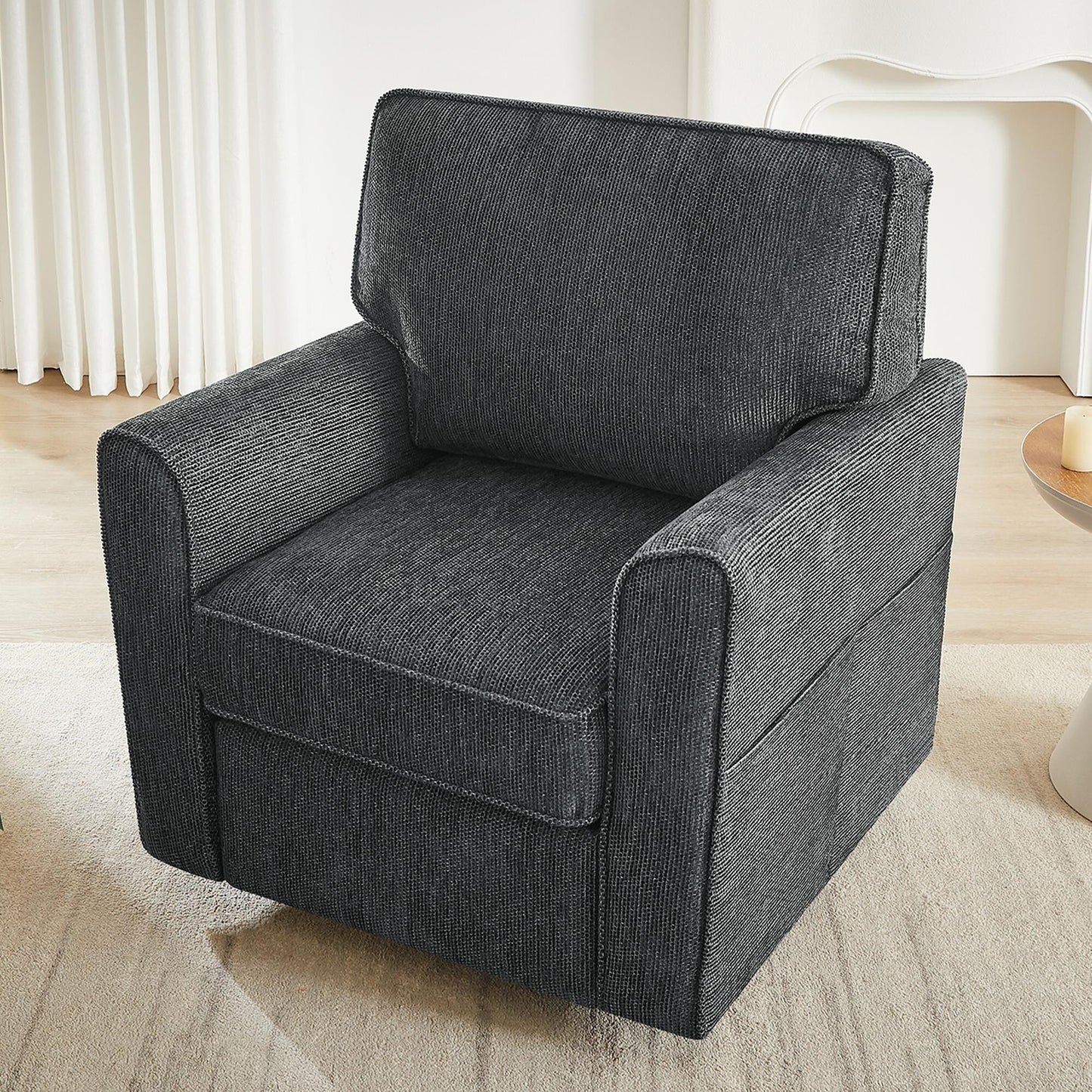 Roomfitters 360Â° Upholstered Swivel Barrel Armchair Accent Chair with Side Pockets for Living Room Bedroom Office Hotel